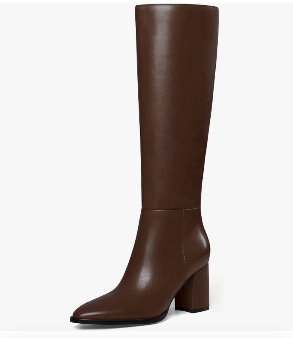 TopWalks Women's Knee High Boots Pointed Toe Chunky Block Heel Brown Size 9